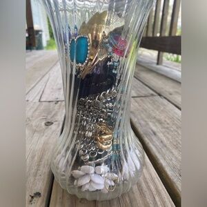 Elegant Glass Jewelry Vase with Gold and Blue Accents